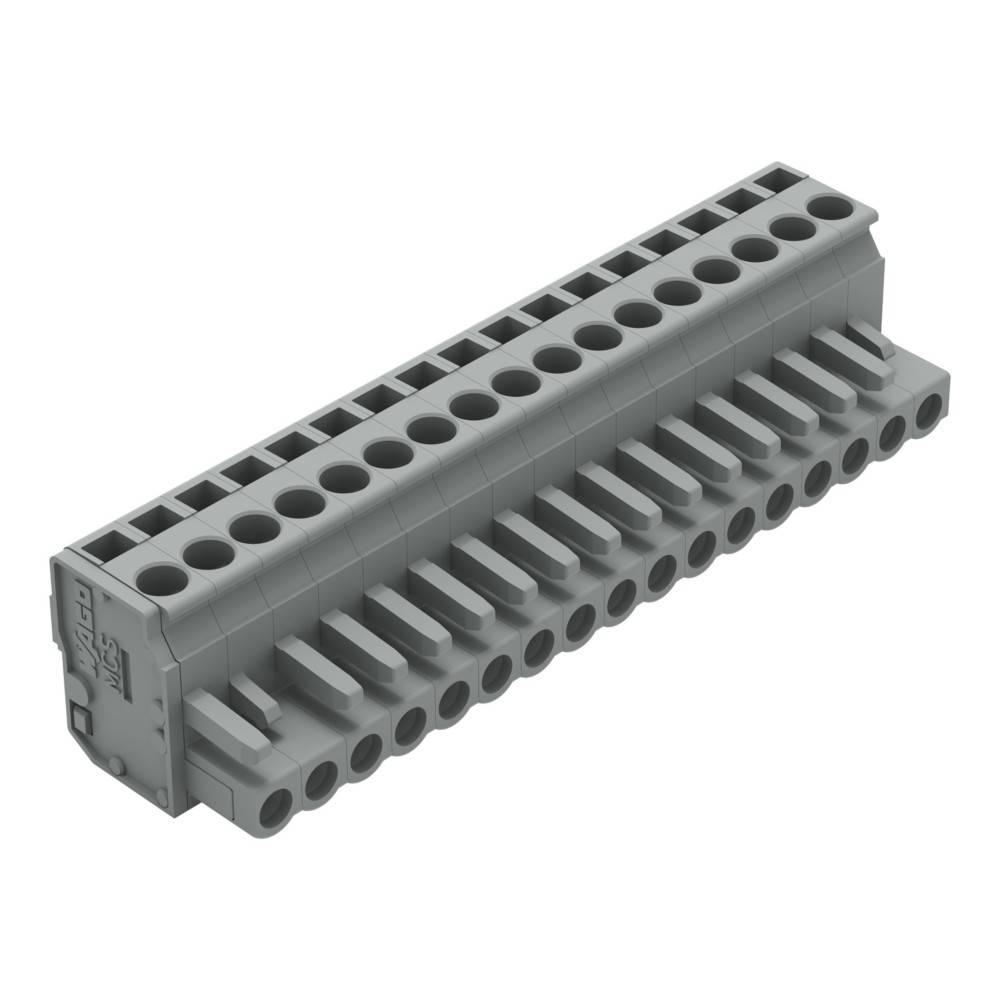 Grauer modularer Reihenklemmenblock mit mehreren Anschlusspunkten für elektrische Verkabelung.