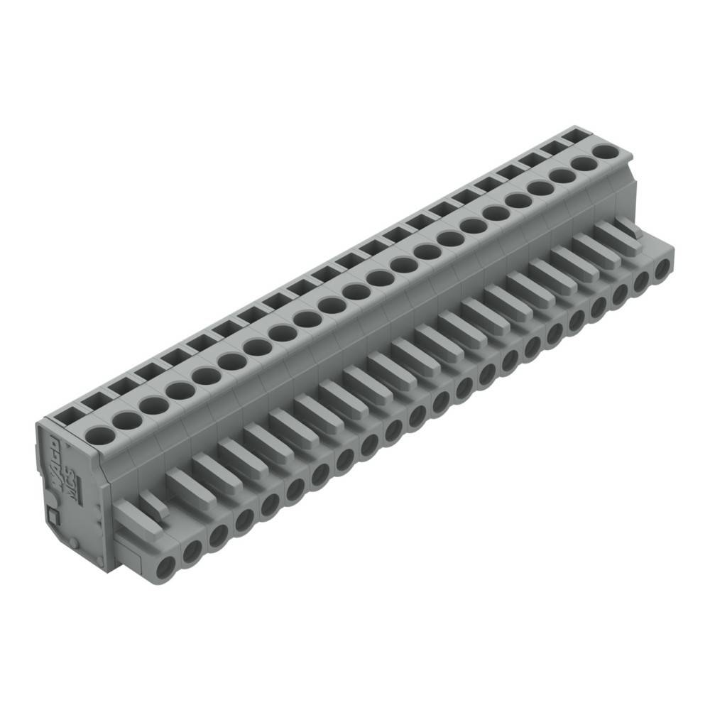 Ein grauer modularer Klemmblock mit mehreren Anschlusspunkten für elektrische Leitungen, konzipiert zur Montage auf einer Hutschiene.