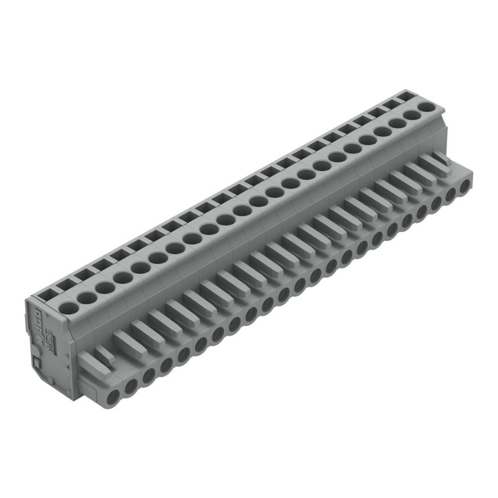 Ein grauer Klemmenblock mit mehreren Anschlusspunkten, die in zwei parallelen Reihen für elektrische Verdrahtungsanwendungen angeordnet sind.