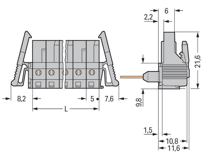 Technische Zeichnung eines Doppelklemmenblocks mit Maßangaben einschließlich Breiten, Längen und Höhen, gekennzeichnet in Millimetern.