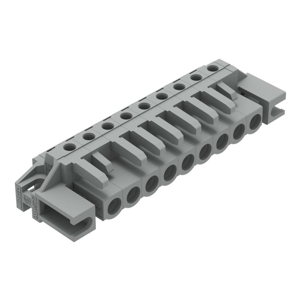 Ein grauer elektrischer Anschlussblock mit zehn Anschlusspunkten wird gezeigt. Er ist für elektrische Verkabelung konzipiert und erscheint in einem industriellen Kontext.