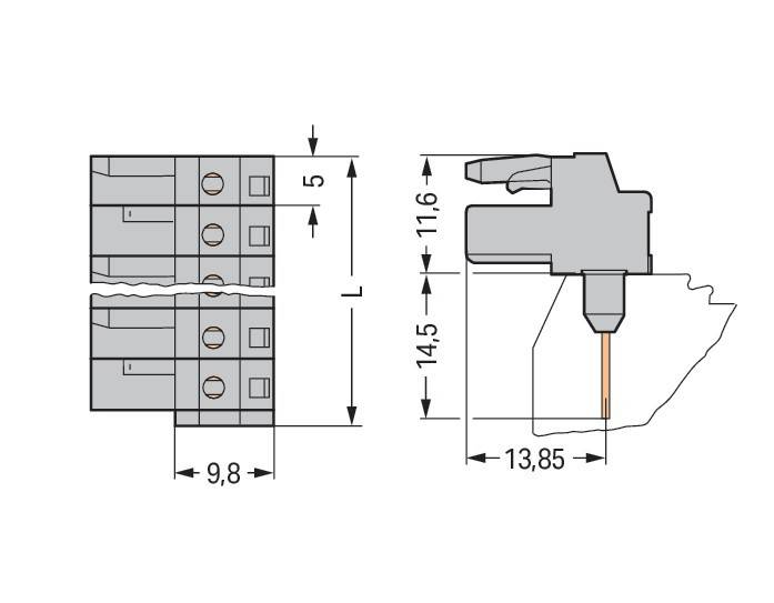 Eine detaillierte technische Zeichnung einer elektrischen Komponente mit Messungen: 5, 9,8, 11,6, 13,85 und 14,5 Einheiten, die Anschlüsse und Abmessungen zeigt.