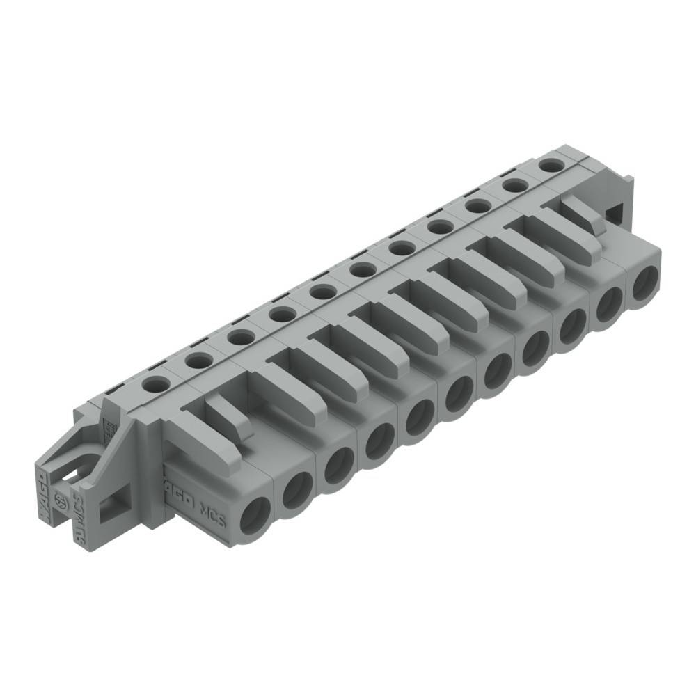 Grauer Klemmenblock mit mehreren Anschlusspunkten, der an einem Ende einen Verriegelungsmechanismus für sichere elektrische Verbindungen aufweist.