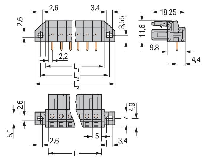 Technische Zeichnung eines Verbindungsstücks mit Abmessungen. Horizontale Stifte mit L1, L2, L3 mittig ausgerichtet. Maßangaben in Millimetern.