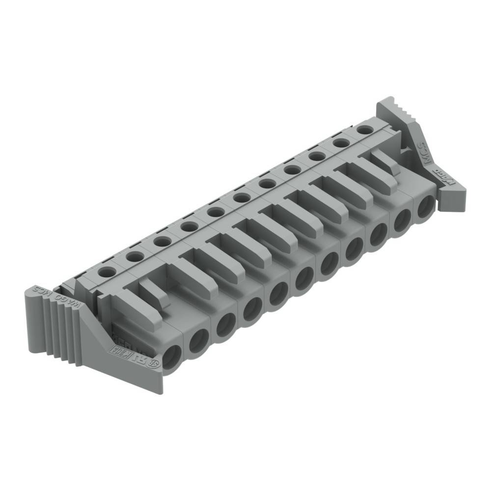 Ein grauer Plastikblock mit mehreren kreisförmigen Löchern und einer Reihe von rechteckigen Schlitzen, möglicherweise ein Verbinder oder Montageteil für technische Zwecke.