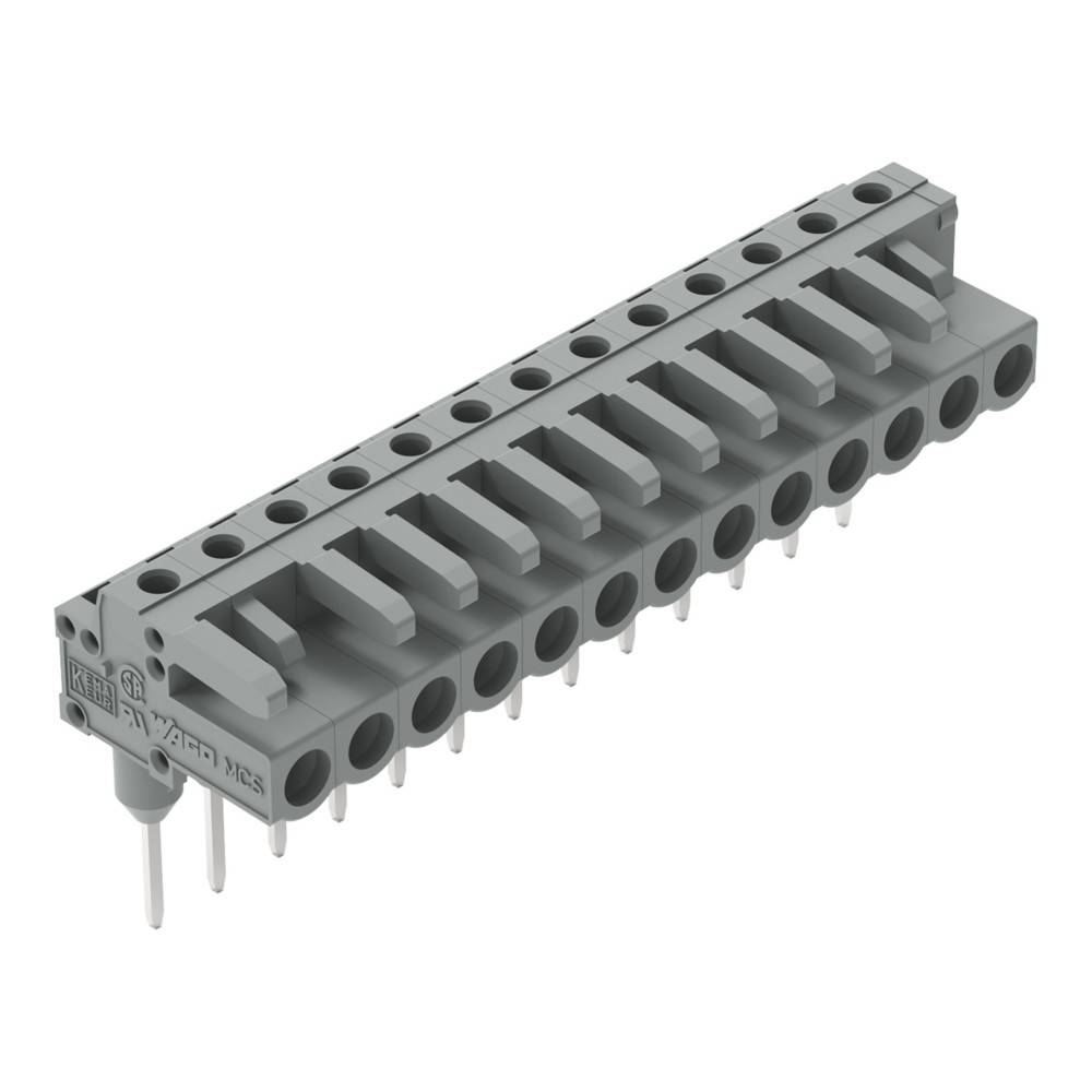 Eine graue elektrische Komponente mit mehreren Buchsen und Pins, möglicherweise ein Reihenklemmenblock, konzipiert für Schaltungsverbindungen.