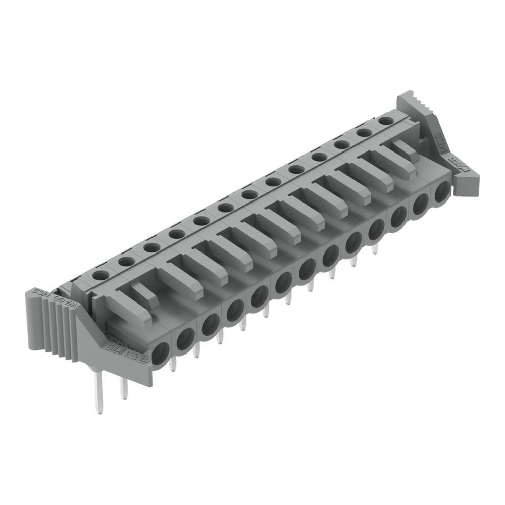 Eine schräge Ansicht eines grauen elektronischen Steckverbinders mit mehreren Schlitzen und Pins, der für Schaltungsverbindungen in elektronischen Geräten verwendet wird.