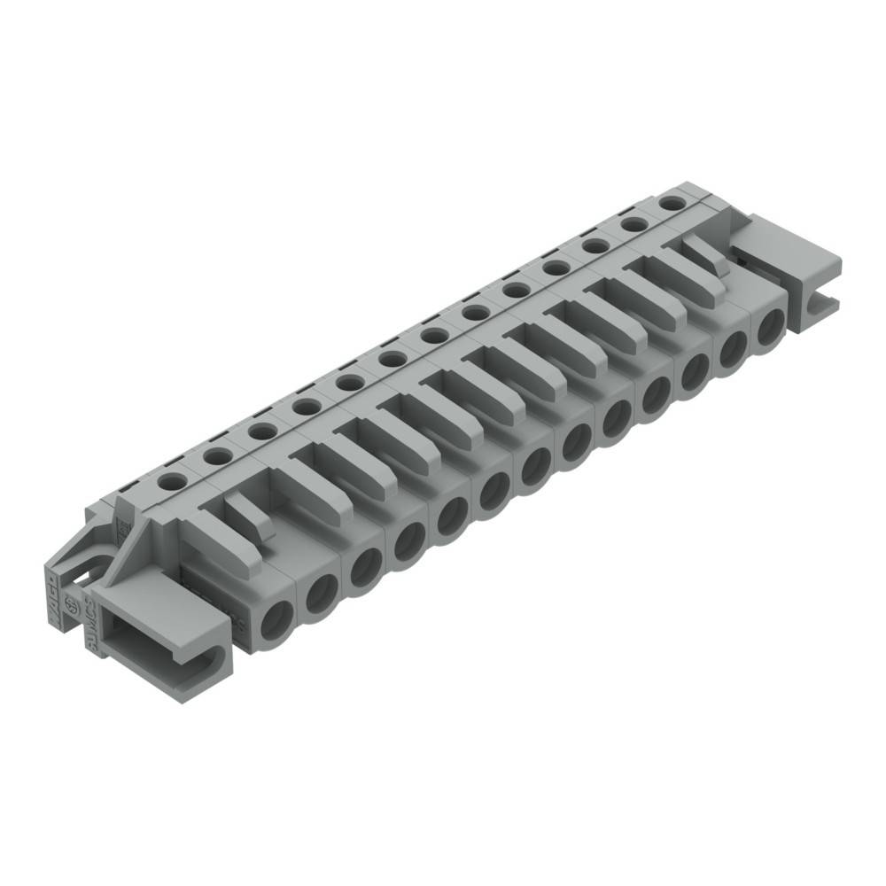 Ein grauer elektronischer Verbinder mit mehreren Steckplätzen und Pins für Verdrahtungen. Geeignet für elektronische Platinenanwendungen und sichere Verbindungen.
