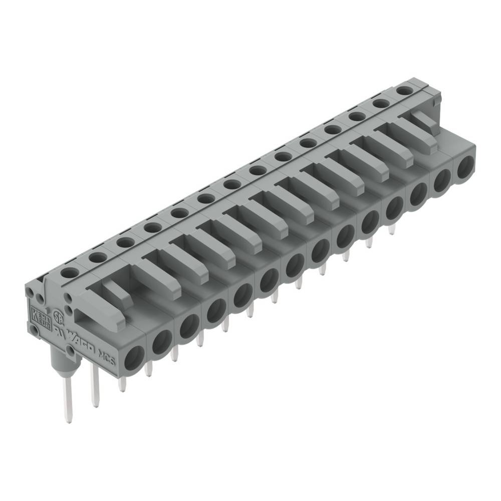 Ein grauer Anschlussblock mit 12 Positionen, der für Leiterplatten konzipiert ist. Er verfügt über vertikale Verbindungen für eine sichere Verdrahtung.
