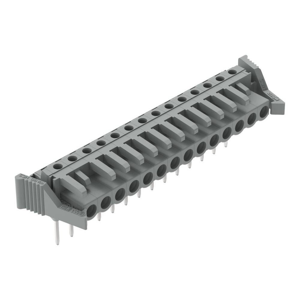 Ein grauer elektrischer Verbinder mit mehreren Pins, konzipiert für die Integration auf Leiterplatten und ausgestattet mit Schraubklemmen für eine sichere Verdrahtung.