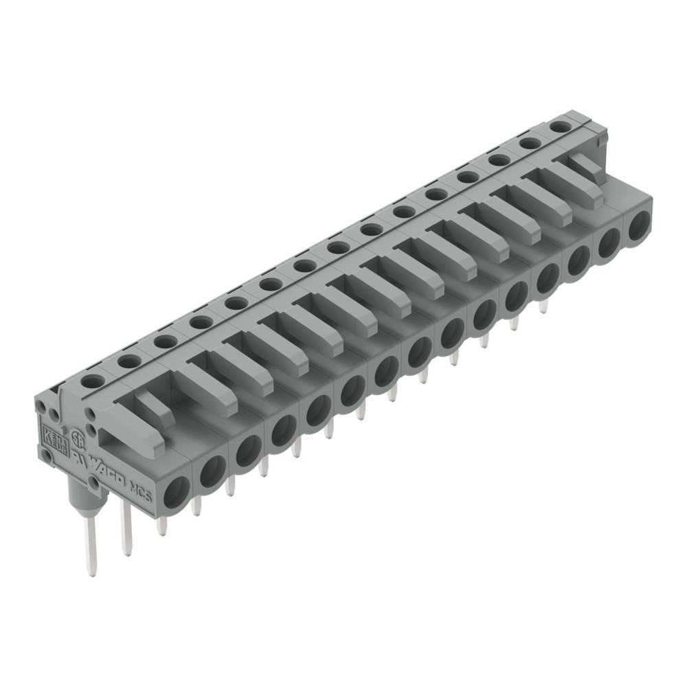 Ein 12-poliger grauer PCB-Klemmblock mit Anschlüssen für elektrische Verkabelung. Der Block ist für sichere Verbindungen auf einer Leiterplatte konzipiert.