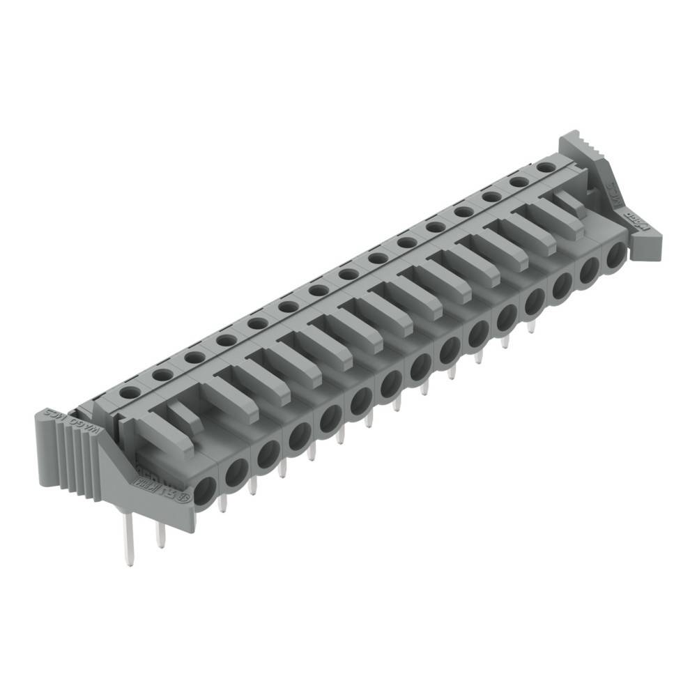 Ein grauer elektronischer Anschluss mit mehreren Pins und Schraubenklemmen, der für sichere elektrische Verbindungen bei der Gerätemontage entwickelt wurde.