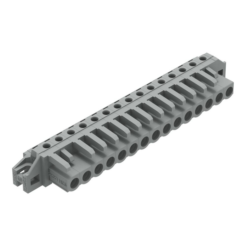 Ein grauer Terminals mit 12 Anschlusspunkten, der für elektrische Verkabelung verwendet wird und ein kompaktes Design zum Anbringen auf einer Hutschiene aufweist.