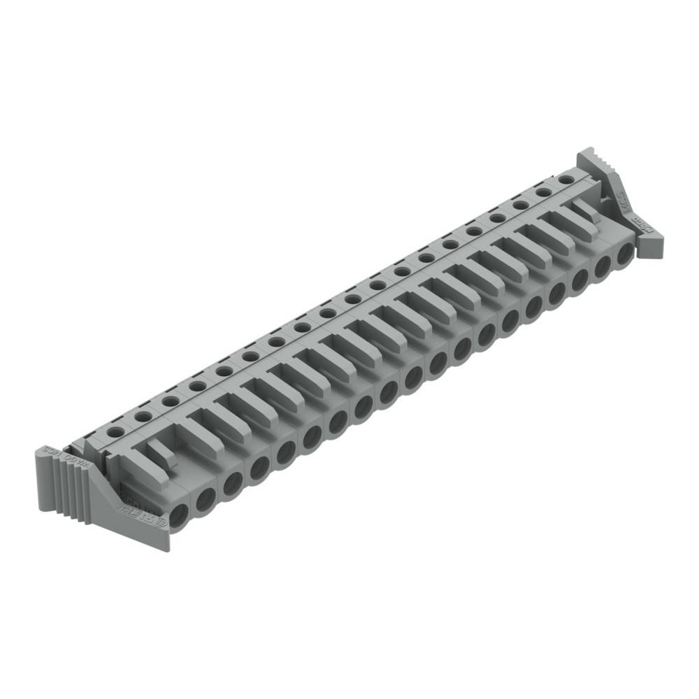 Ein grauer Plastik-LEGO-Stein mit mehreren Verbindungslöchern und Rillen, möglicherweise Teil eines größeren Konstruktionssatzes.