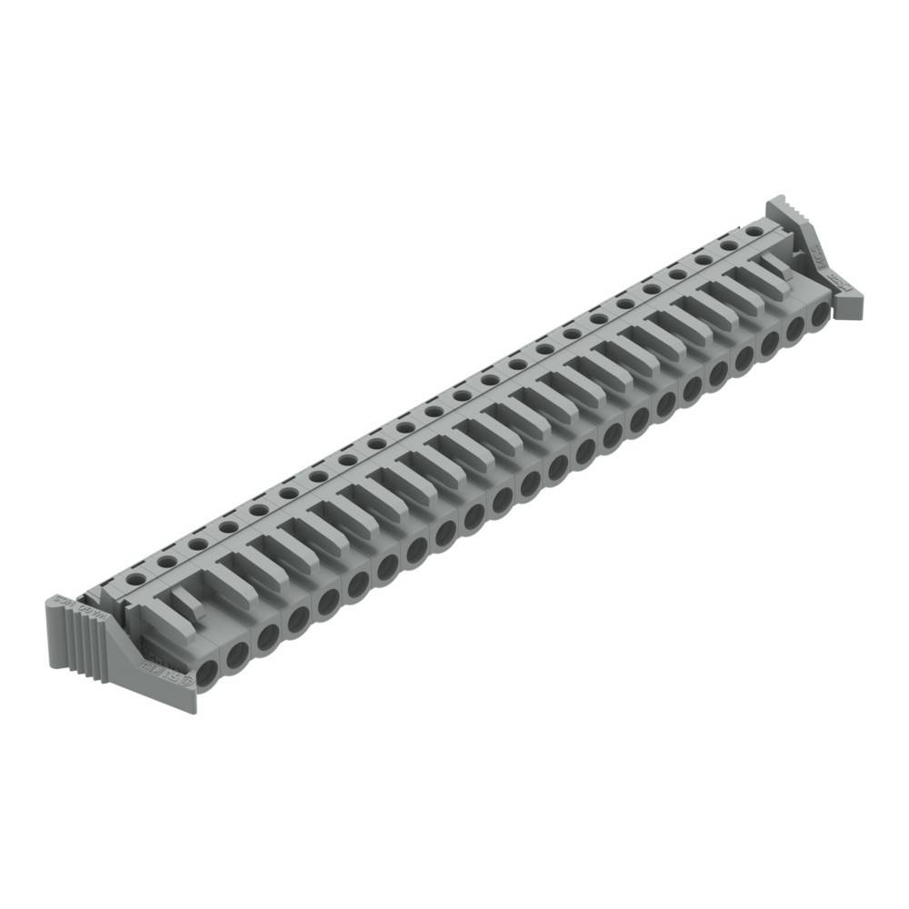 Ein langer, grauer LEGO-Stein mit mehreren kreisförmigen Löchern und Rillen, der zum Verbinden anderer LEGO-Teile in verschiedenen Konfigurationen entwickelt wurde.