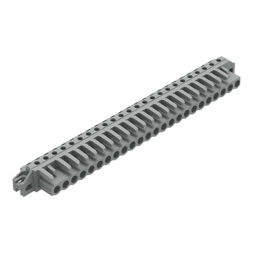 Ein langer, grauer Terminalblock-Verbinder mit mehreren Anschlüssen für Leitungen.
