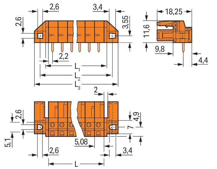 Technische Zeichnung einer orangefarbenen elektronischen Komponente mit detaillierten Maßangaben in Millimetern, einschließlich Pinabstand und Gesamtabmessungen.
