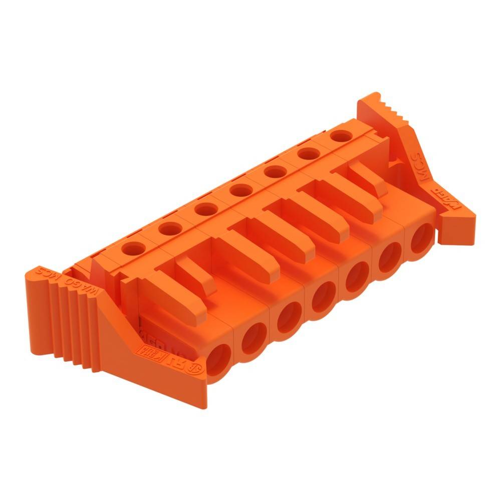 Ein orangefarbener, Kunststoff-Terminalblock mit sechs Anschlusspunkten, der zum Sichern und Organisieren elektrischer Leitungen verwendet wird.