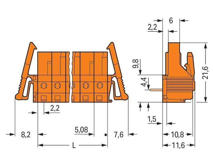 Technische Zeichnung von orangefarbenen Anschlüssen mit Maßangaben, die Seiten- und Frontansichten mit in Millimetern beschrifteten Dimensionen zeigt.