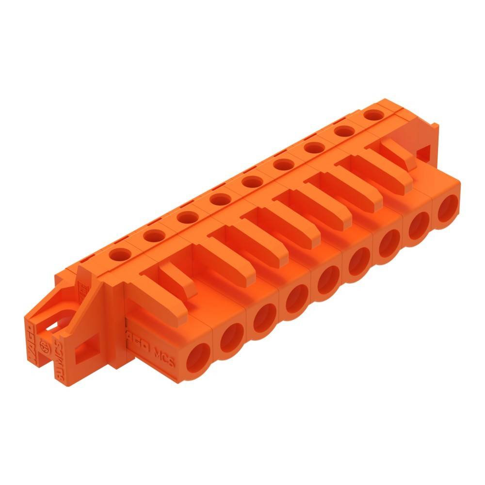 Orange elektrischer Anschlussklemmenblock mit mehreren Anschlussslots und einem Verschließmechanismus, verwendet zum Verbinden von elektronischen Komponenten.