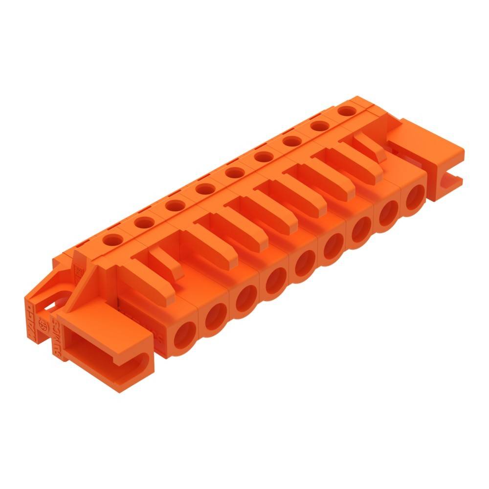 Ein orangefarbener Terminalblock-Verbinder mit mehreren Verdrahtungsschlitzen und Schraubklemmen, der für elektrische Verbindungen in Schaltkreisen verwendet wird.