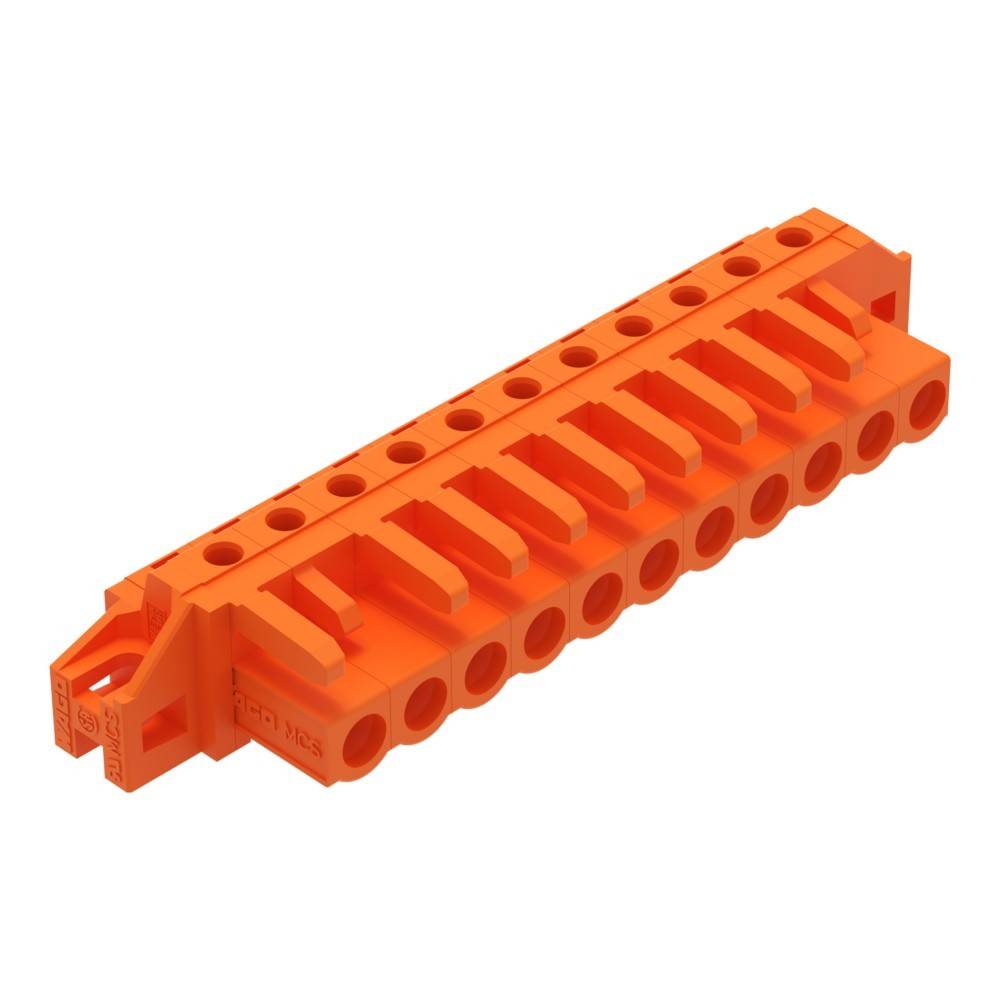 Orangefarbener Anschlussblock-Verbinder mit mehreren Anschlüssen für elektrische Verkabelung, in einer schrägen Perspektive dargestellt.