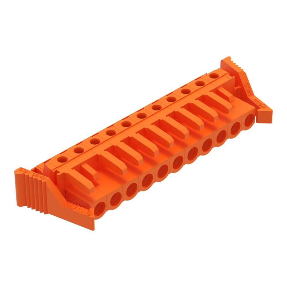 Ein orangefarbener Plastikbaustein mit mehreren ineinandergreifenden Schlitzen und zylindrischen Anschlüssen, der für die Kompatibilität mit Konstruktionsspielzeug entwickelt wurde.