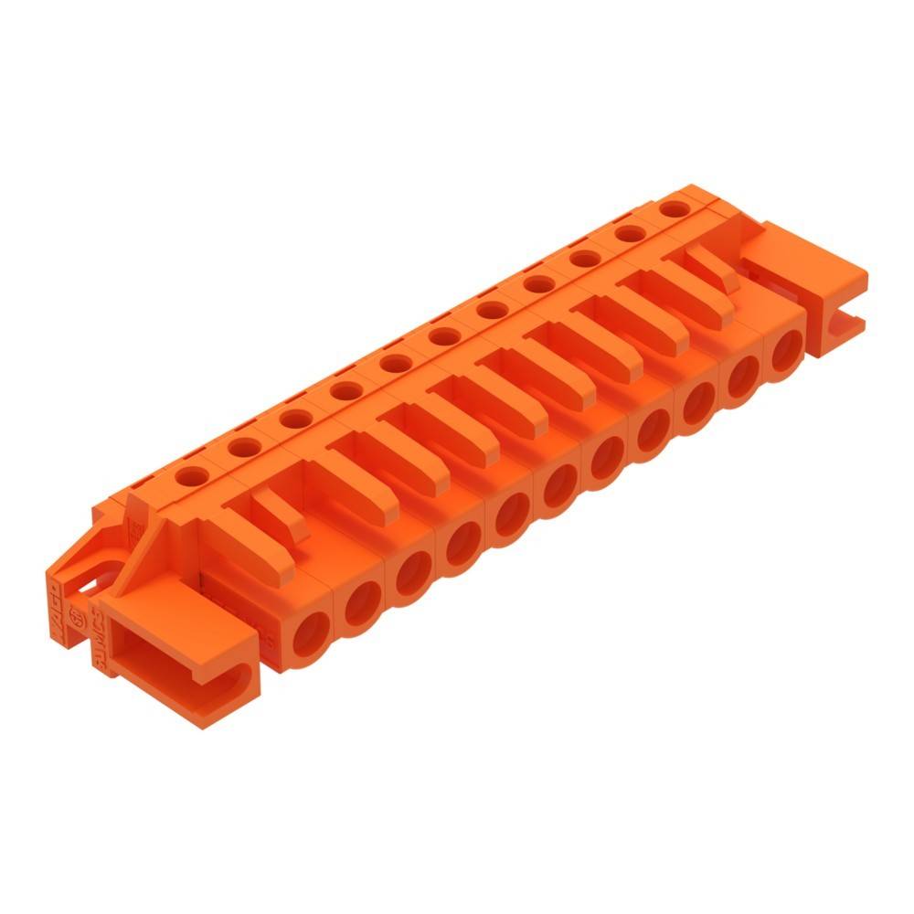 Ein orangefarbener elektrischer Anschlussblock mit mehreren Schlitzen, der zum Organisieren und Verbinden von elektrischen Drähten in elektronischen Baugruppen verwendet wird.