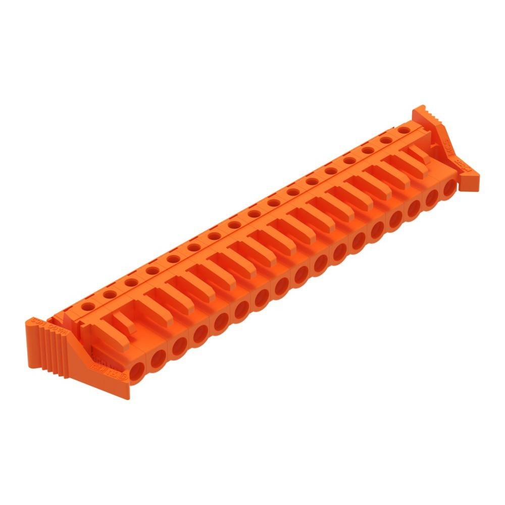 Ein orangefarbener LEGO-Bausteinverbinder mit mehreren Schlitzen, der zum Verbinden anderer Steine oder Teile bei einem LEGO-Bauprojekt verwendet wird.