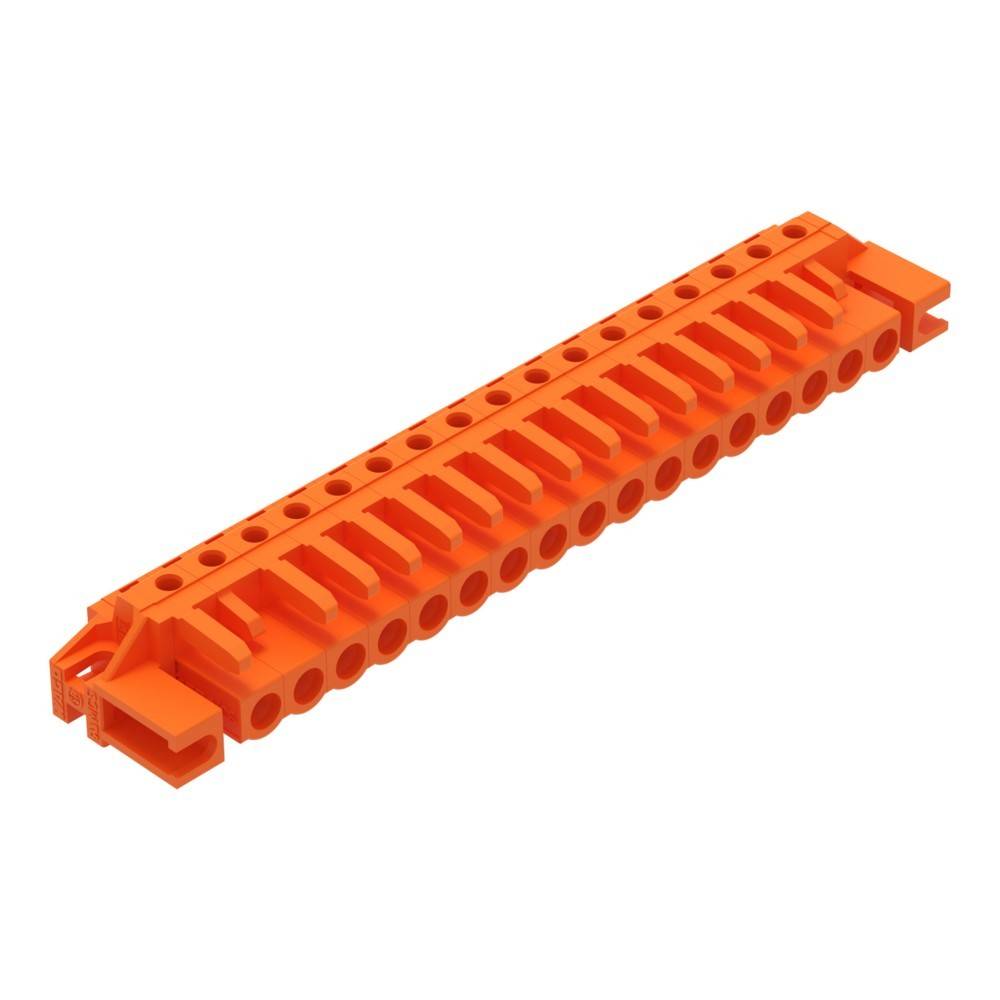 Ein orangefarbener Kunststoffblock mit mehreren Löchern und Schlitzen, höchstwahrscheinlich ein Bauteil eines Konstruktionsspielzeugs, das entwickelt wurde, um mit anderen ähnlichen Teilen zu verbinden.
