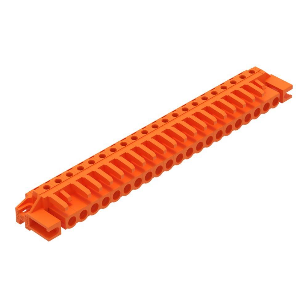 Ein orangefarbener Plastik-Baustein im LEGO-Stil mit mehreren Steckverbindungen, der zum Ineinandergreifen mit ähnlichen Teilen für Konstruktionszwecke entwickelt wurde.