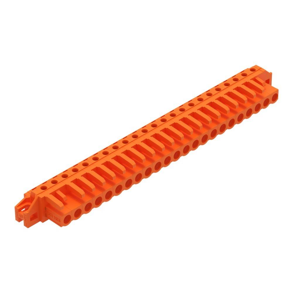 Eine orangefarbene Kunststoffschiene mit mehreren Schlitzen, möglicherweise zum Halten von Werkzeugen oder Organisieren von Kabeln, aus einem Winkel betrachtet, vor einem weißen Hintergrund.