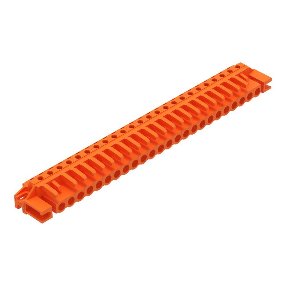 Ein orangefarbenes Plastikspielzeug-Teil, das einer langen, schmalen Schiene mit mehreren kleinen Löchern ähnelt und wahrscheinlich für Konstruktionsspielzeug-Sets vorgesehen ist.