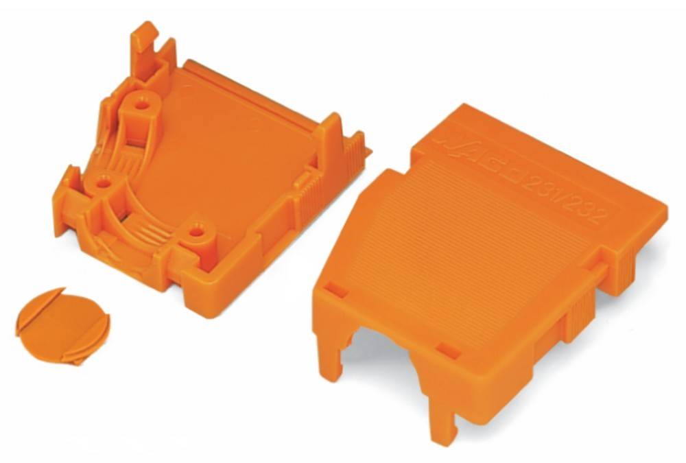 Zwei orangefarbene Kunststoffgehäuse sind zu sehen, möglicherweise Teile eines elektrischen Anschlusses. Eines ist geöffnet und gibt interne Strukturen preis.