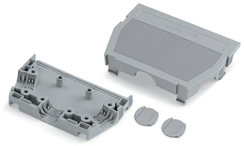Eine graue Elektronik-Gehäusebox, die in separaten Teilen gezeigt wird, einschließlich einer Hauptbox, eines Deckels und zwei kreisförmiger Komponenten, auf einem weißen Hintergrund.
