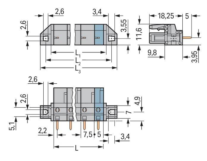 Technische Zeichnung elektronischer Komponenten mit beschrifteten Abmessungen. Draufsicht zeigt einen Anschluss mit Breiten von 2,6 cm und 3,4 cm; Seitenansicht hebt Höhen und Stiftpositionen hervor.