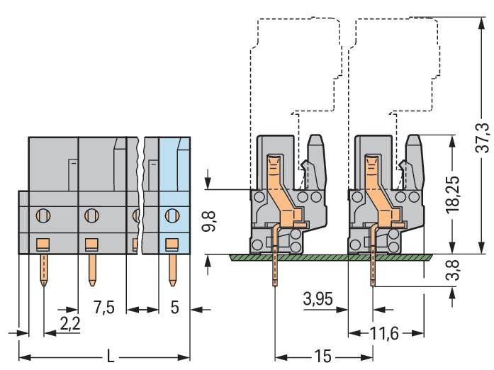 Technische Zeichnung eines elektrischen Anschlusses mit Abmessungen. Enthält detaillierte Seiten- und Unteransichten mit Messungen in Millimetern wie 7,5, 5 und 9,8.