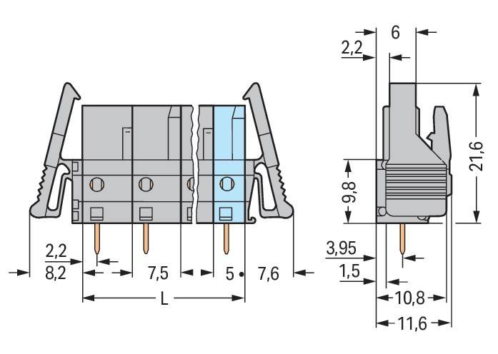Diagramm einer elektronischen Komponente mit Maßangaben: Höhe 9,8 mm, Breite 7,5 mm und verschiedenen anderen beschrifteten Abmessungen in Millimetern.