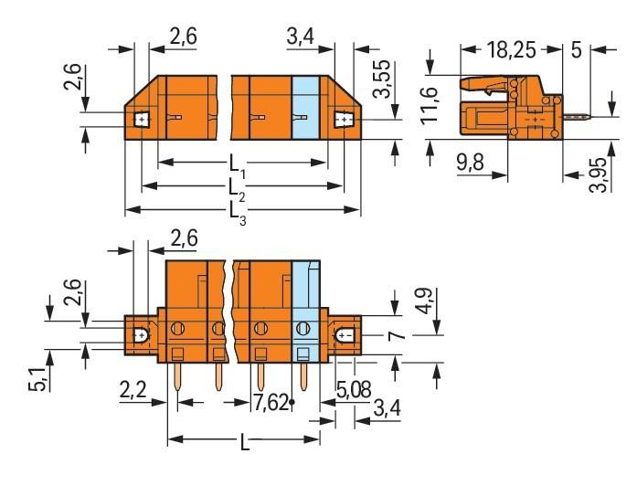 Technische Zeichnung eines Verbinders mit detaillierten Maßangaben und Beschriftungen, Seiten- und Draufsicht darstellend. Schlüsseldimensionen sind 2,6 mm, 3,4 mm und 18,25 mm.