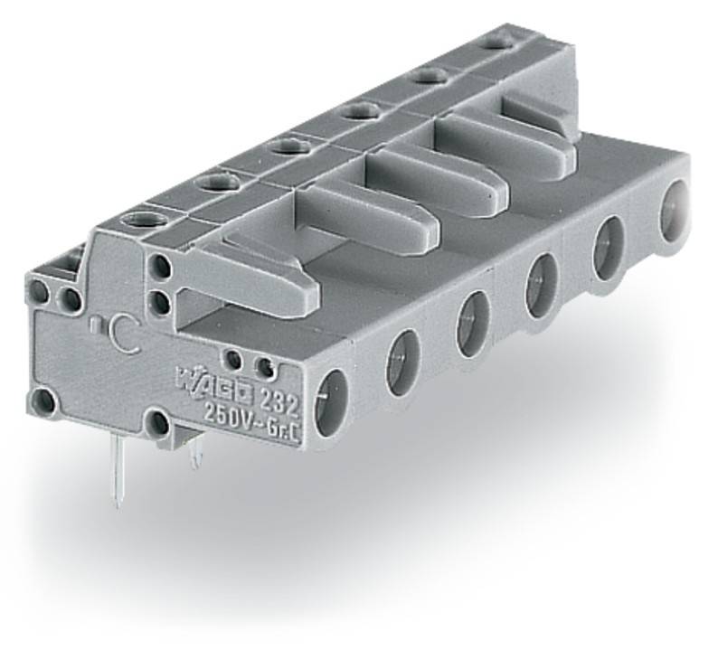 Ein grauer Elektro-Anschlussblock mit der Beschriftung 'WAGO 232 250V~ Gr.C', ausgestattet mit fünf Anschlusspunkten und Metallsteckverbindern.