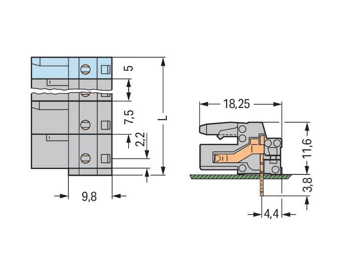 Elektrische Komponentendiagramm: Seitenansicht zeigt Maße; Frontansicht detailliert 3-Schicht-Modul mit Höhen von 7,5 mm, 5 mm und 9,8 mm.
