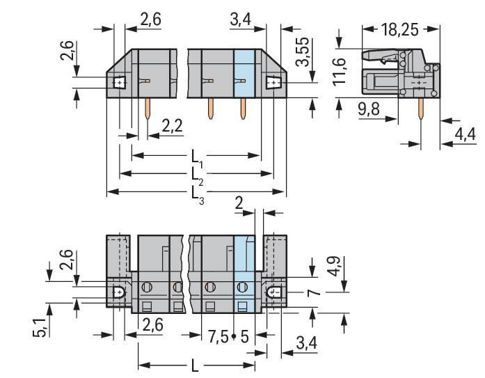 Diagramm einer Leiterplattenmontage-Buchse mit detaillierten Messungen in Millimetern für Breite, Höhe und Pinabstand, mit drei Seitenansichten.