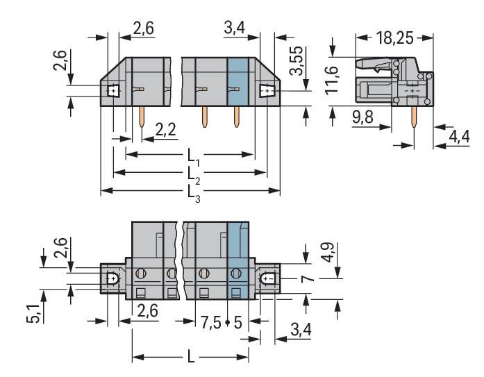 Technische Zeichnung einer elektronischen Komponente mit Abmessungen in Millimetern. Front- und Seitenansicht zeigen Messungen für Breite und Höhe.