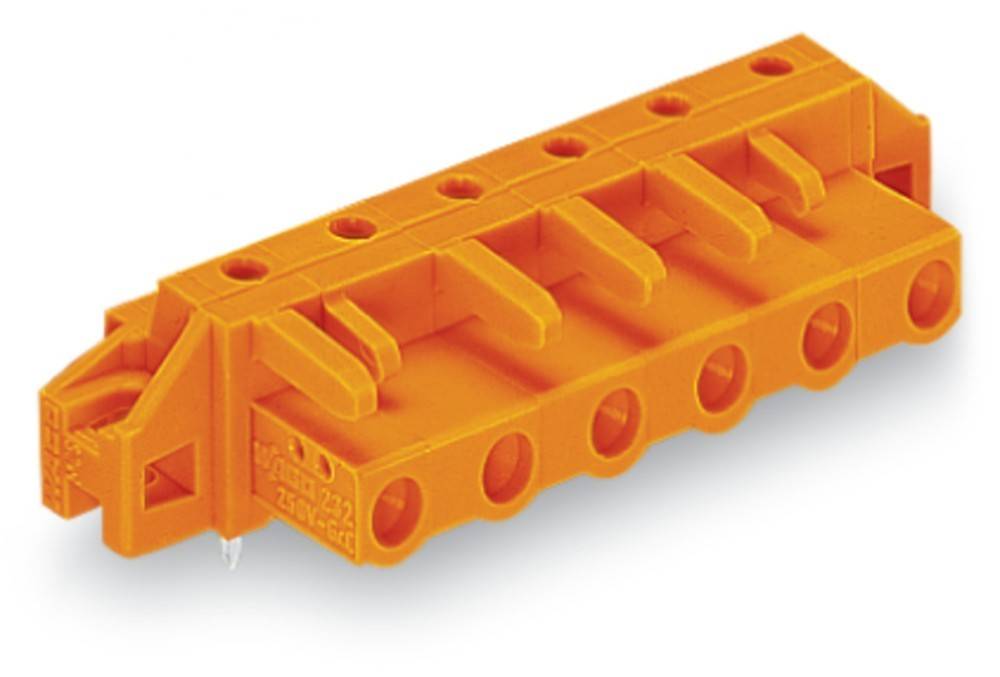 Ein orangefarbener elektrischer Klemmenblock mit mehreren Anschlusspunkten, der zum sicheren Verbinden von elektrischen Leitungen verwendet wird.