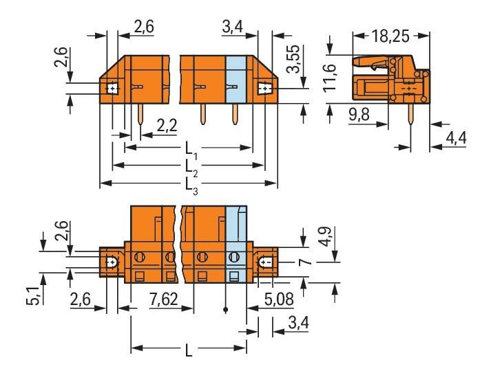 Technische Zeichnung eines elektrischen Anschlusses mit mehreren Winkeln, die Abmessungen und Maße in Millimetern zeigt.