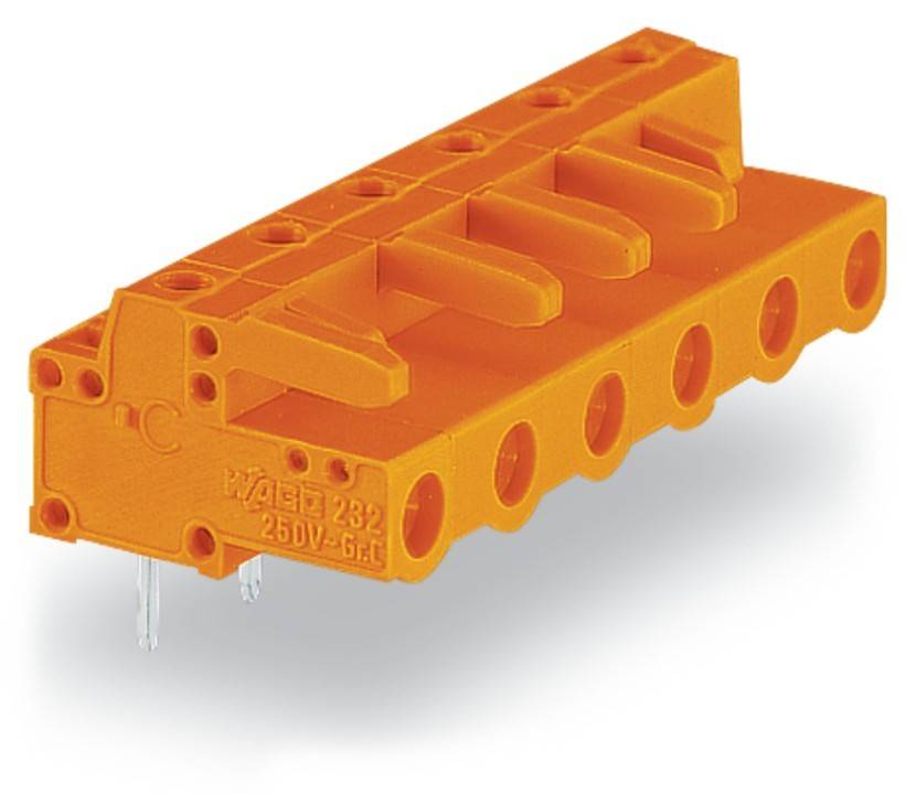 Ein orangefarbener elektrischer Anschlussblock mit mehreren Anschlusspunkten, beschriftet mit 'WAGO 282 250V-6A', entwickelt zum Befestigen von Drähten in Stromkreisen.