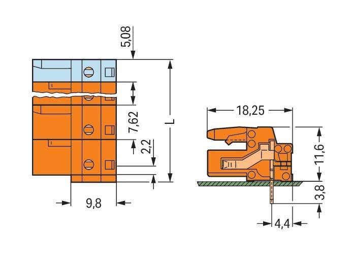 Technische Zeichnung eines elektrischen Anschlusses: Linke Ansicht zeigt Abmessungen von 5,08 mm, 7,62 mm und 9,8 mm; rechte Ansicht zeigt Federmechanismus, Abmessungen 18,25 mm, 2,2 mm und 4,4 mm.