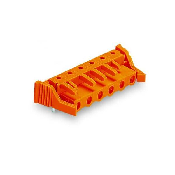 Orange-Kunststoff-Elektroterminal-Blockverbinder mit Schraubenlöchern, gezeigt auf weißem Hintergrund.