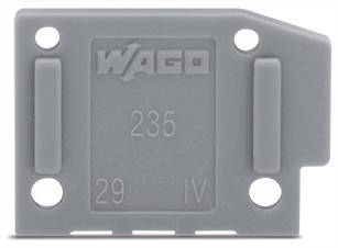 Eine graue rechteckige Kunststoffkomponente mit der Beschriftung "WAGO 235 29 IV"" und vier Löchern, die wahrscheinlich in elektrischen oder mechanischen Anwendungen verwendet wird.