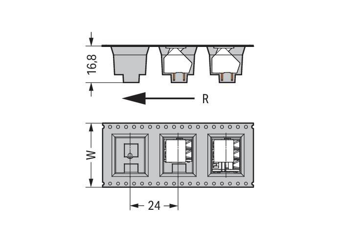 Diagramm einer dreifachen Leuchte mit Abmessungen; jedes Lichtmodul ist 24 Einheiten breit und die Leuchte ist 16,8 Einheiten hoch.